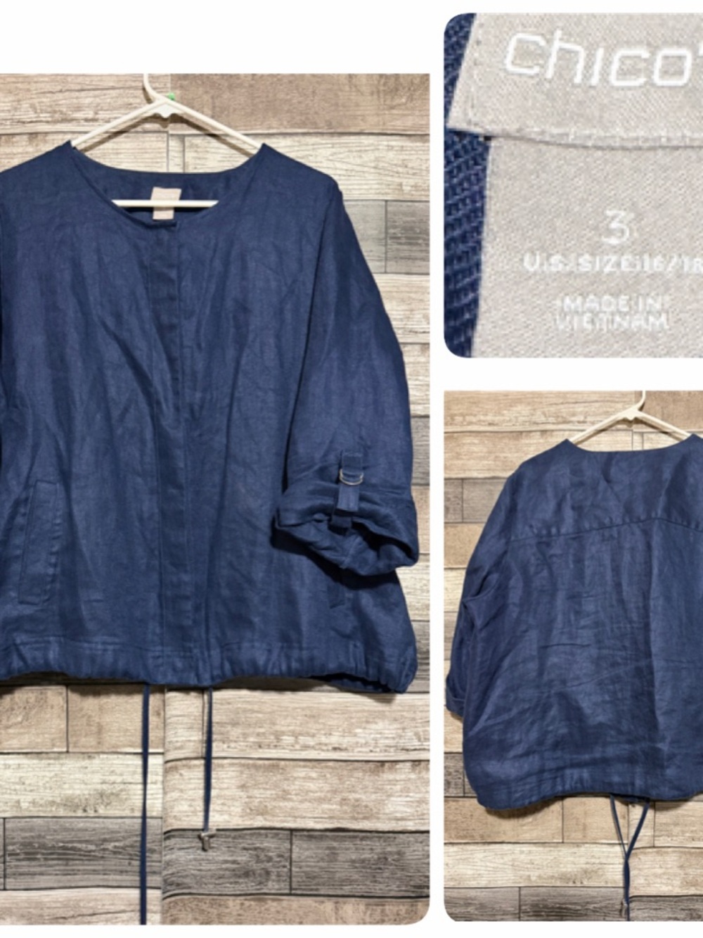 Chicos 100% Linen Snap Button Jacket Women’s 16/18 Navy Blue Roll Sleeve